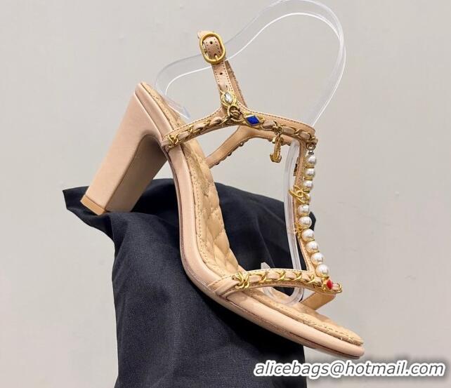 Pretty Style Chanel Lambskin Heel Sandals 8cm with Pearls and Chain Beige 325079