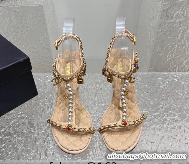 Pretty Style Chanel Lambskin Heel Sandals 8cm with Pearls and Chain Beige 325079