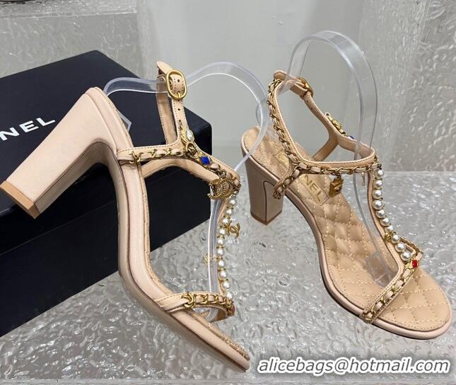 Pretty Style Chanel Lambskin Heel Sandals 8cm with Pearls and Chain Beige 325079