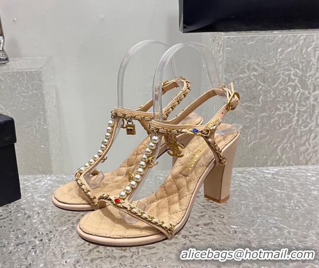 Pretty Style Chanel Lambskin Heel Sandals 8cm with Pearls and Chain Beige 325079