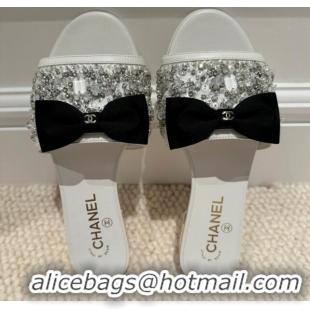 Good Looking Chanel Strass Mules Sandals with Bow White 041704