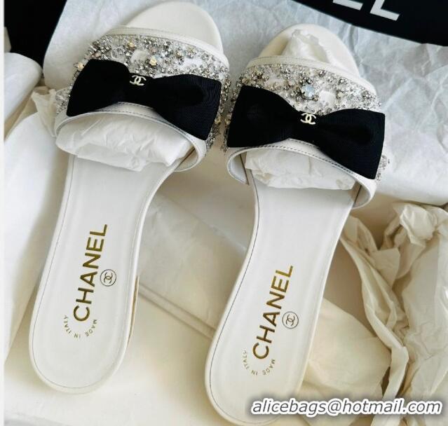 Good Looking Chanel Strass Mules Sandals with Bow White 041704