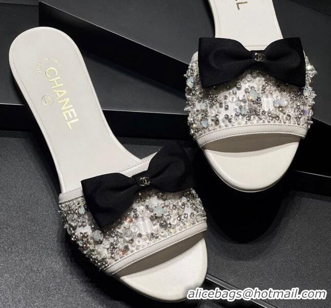 Good Looking Chanel Strass Mules Sandals with Bow White 041704