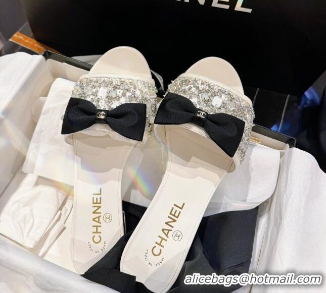 Good Looking Chanel Strass Mules Sandals with Bow White 041704