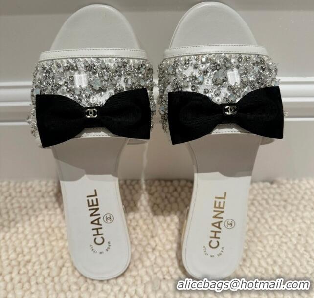 Good Looking Chanel Strass Mules Sandals with Bow White 041704