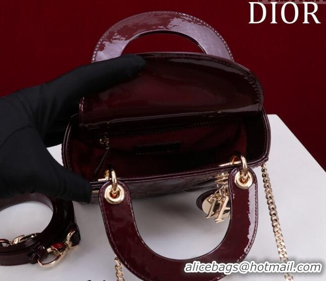 Low Price Dior Mini Lady Dior Bag in Patent Cannage Leather M0505 Burgundy 2024