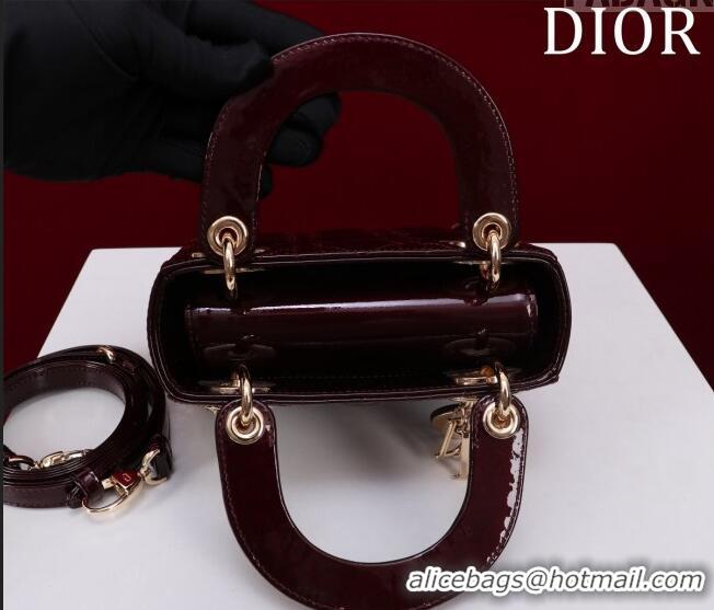 Low Price Dior Mini Lady Dior Bag in Patent Cannage Leather M0505 Burgundy 2024