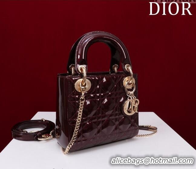 Low Price Dior Mini Lady Dior Bag in Patent Cannage Leather M0505 Burgundy 2024