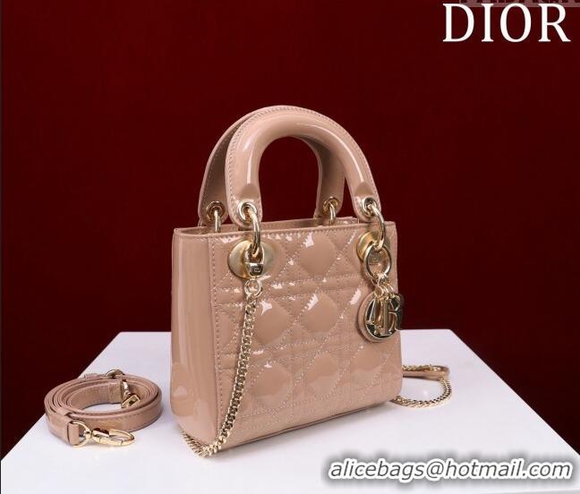 Luxurious Dior Mini Lady Dior Bag in Patent Cannage Leather M0505 Apricot 2024