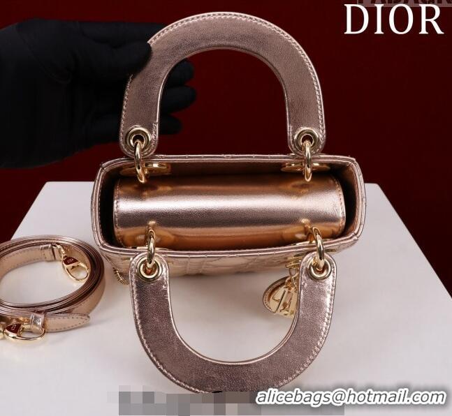 Pretty Style Dior Mini Lady Dior Bag in Metallic Cannage Leather M0505 Rose Gold 2024