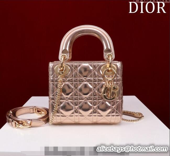 Pretty Style Dior Mini Lady Dior Bag in Metallic Cannage Leather M0505 Rose Gold 2024