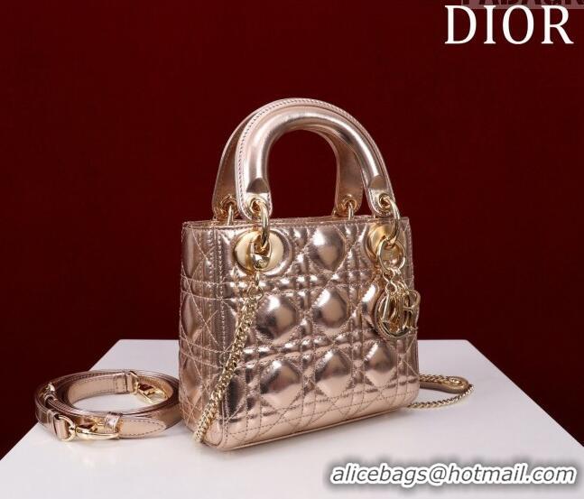 Pretty Style Dior Mini Lady Dior Bag in Metallic Cannage Leather M0505 Rose Gold 2024