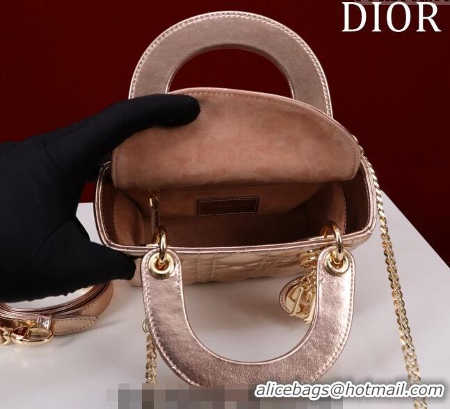 Pretty Style Dior Mini Lady Dior Bag in Metallic Cannage Leather M0505 Rose Gold 2024