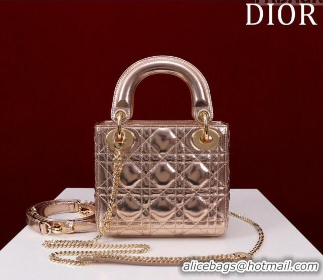 Pretty Style Dior Mini Lady Dior Bag in Metallic Cannage Leather M0505 Rose Gold 2024