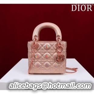 Classic Grade Dior Mini Lady Dior Bag in Iridescent Metallic Cannage Leather M0505 Rose 2024