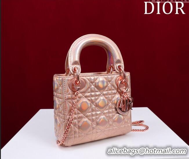 Classic Grade Dior Mini Lady Dior Bag in Iridescent Metallic Cannage Leather M0505 Rose 2024