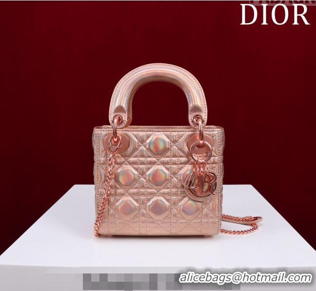 Classic Grade Dior Mini Lady Dior Bag in Iridescent Metallic Cannage Leather M0505 Rose 2024