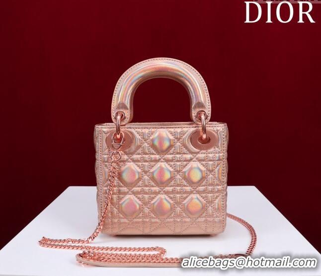 Classic Grade Dior Mini Lady Dior Bag in Iridescent Metallic Cannage Leather M0505 Rose 2024