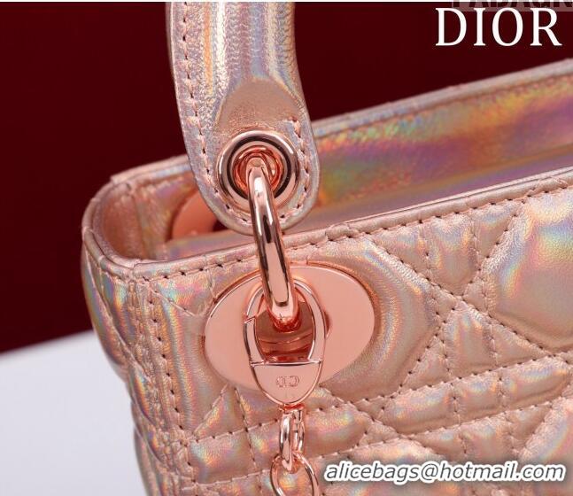 Classic Grade Dior Mini Lady Dior Bag in Iridescent Metallic Cannage Leather M0505 Rose 2024