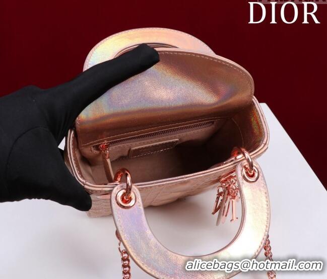 Classic Grade Dior Mini Lady Dior Bag in Iridescent Metallic Cannage Leather M0505 Rose 2024