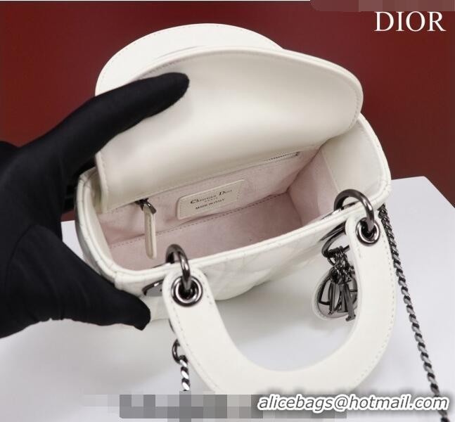 Shop Fashion Dior Mini Lady Dior Bag in Cannage Lambskin M0505 White/Gunmetal 2024