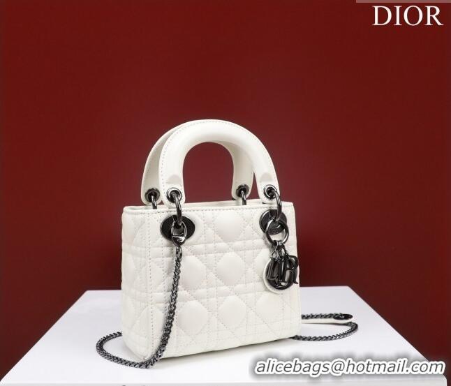 Shop Fashion Dior Mini Lady Dior Bag in Cannage Lambskin M0505 White/Gunmetal 2024