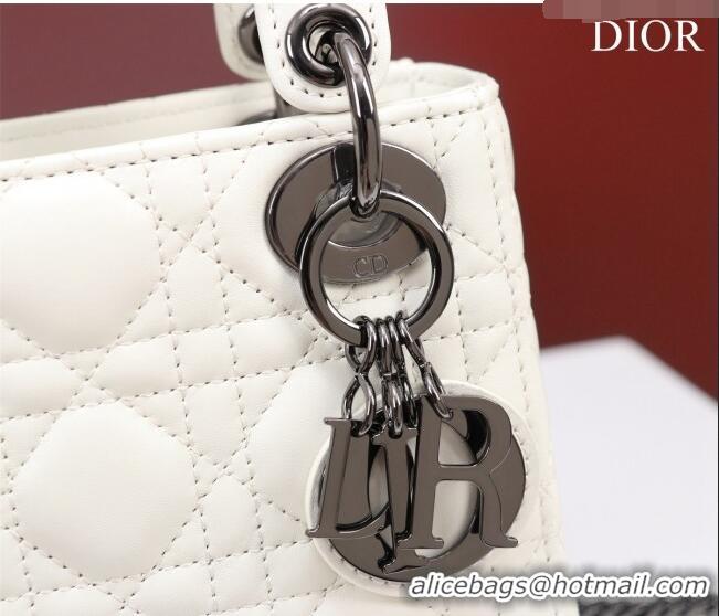 Shop Fashion Dior Mini Lady Dior Bag in Cannage Lambskin M0505 White/Gunmetal 2024