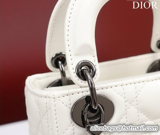 Shop Fashion Dior Mini Lady Dior Bag in Cannage Lambskin M0505 White/Gunmetal 2024