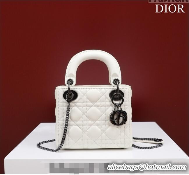 Shop Fashion Dior Mini Lady Dior Bag in Cannage Lambskin M0505 White/Gunmetal 2024