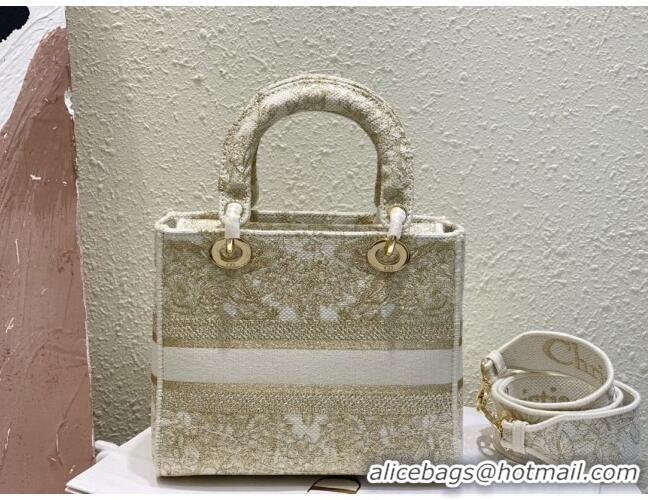 Well Crafted Dior Medium Lady D-Lite Bag in Gold-Tone and White Butterfly Around The World Embroidery CD2801 2024 