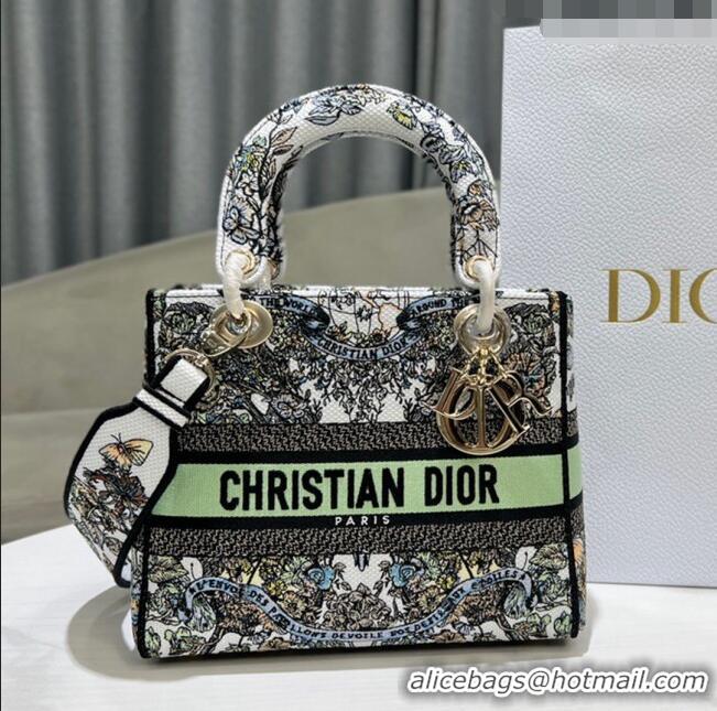 Top Quality Dior Medium Lady D-Lite Bag in Butterfly Around The World Embroidery CD2801 Green and White 2024