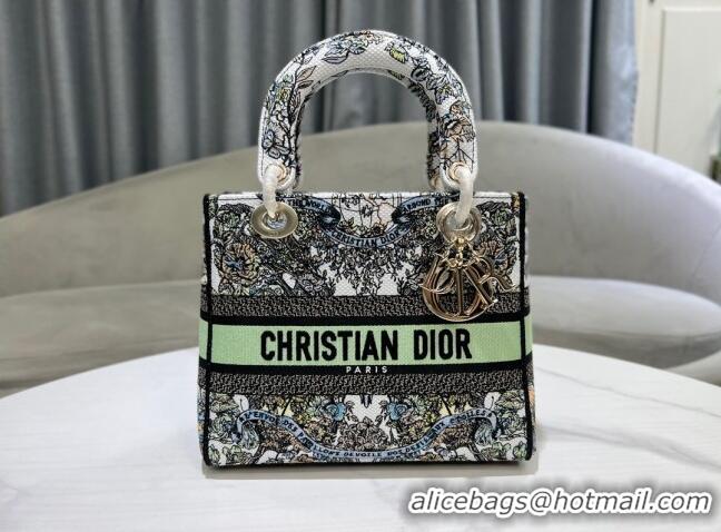 Top Quality Dior Medium Lady D-Lite Bag in Butterfly Around The World Embroidery CD2801 Green and White 2024