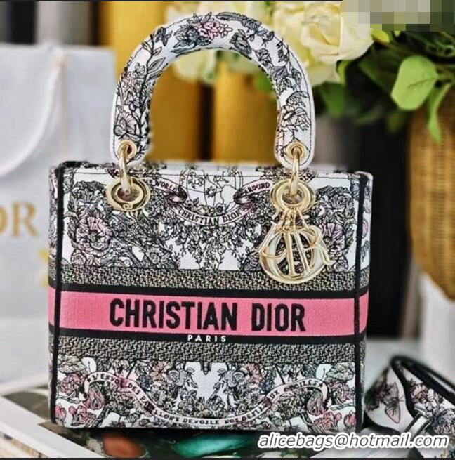 Top Design Dior Medium Lady D-Lite Bag in Butterfly Around The World Embroidery CD2801 Pink and White 2024