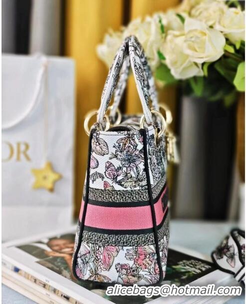 Top Design Dior Medium Lady D-Lite Bag in Butterfly Around The World Embroidery CD2801 Pink and White 2024