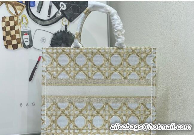 Most Popular Dior Large Book Tote Bag in Macrocannage Embroidery CD2058 White and Gold 2024