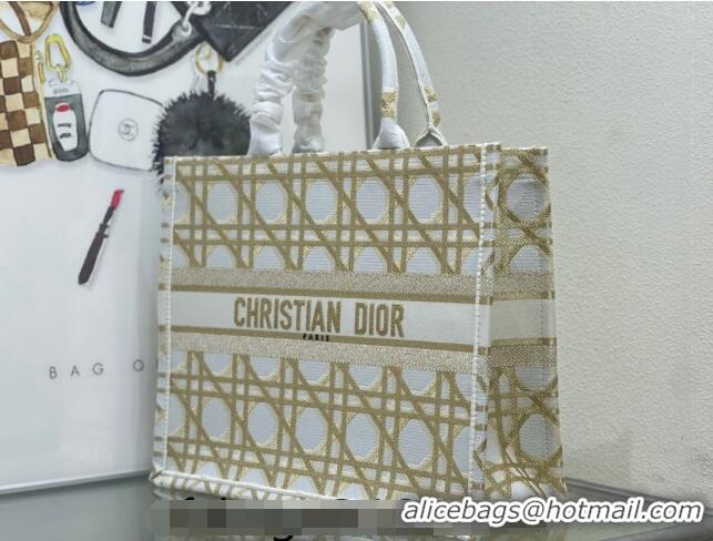 Most Popular Dior Large Book Tote Bag in Macrocannage Embroidery CD2058 White and Gold 2024