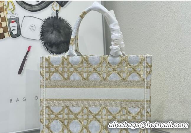 Discount Dior Medium Book Tote Bag in Macrocannage Embroidery CD2058 White and Gold 2024