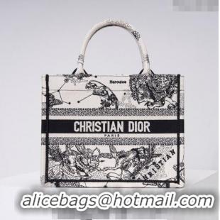 Top Grade Dior Large Book Tote Bag in Toile de Jouy Zodiac Embroidery CD2063 White and Black 2024