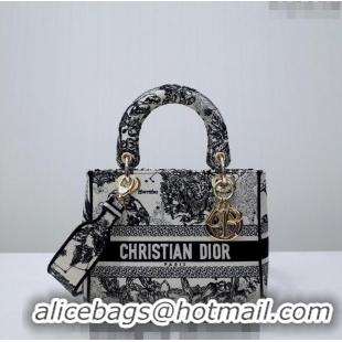 Stylish Dior Medium Lady D-Lite Bag in Toile de Jouy Zodiac Embroidery CD2801 White and Black 2024