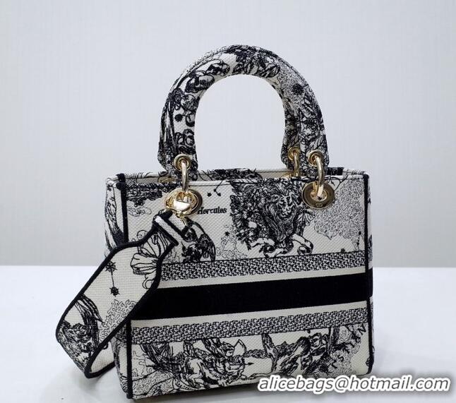 Stylish Dior Medium Lady D-Lite Bag in Toile de Jouy Zodiac Embroidery CD2801 White and Black 2024