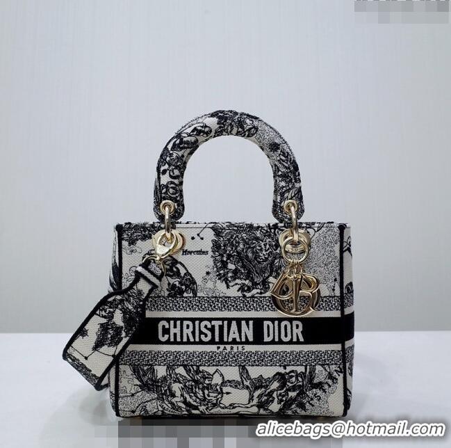 Stylish Dior Medium Lady D-Lite Bag in Toile de Jouy Zodiac Embroidery CD2801 White and Black 2024