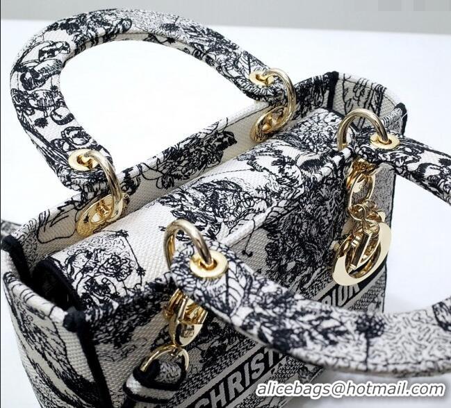 Stylish Dior Medium Lady D-Lite Bag in Toile de Jouy Zodiac Embroidery CD2801 White and Black 2024