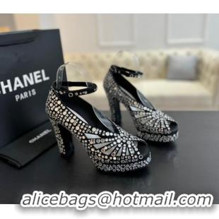 Top Grade Chanel Strass & Suede Sandals with Heel 11cm G45455 Black 042201