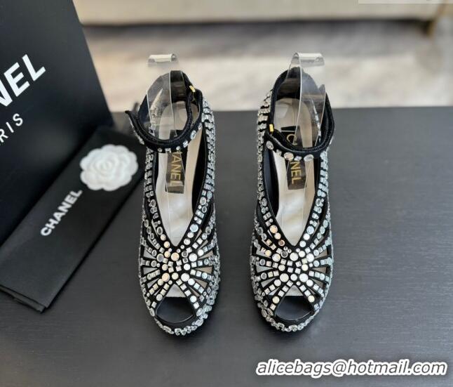 Top Grade Chanel Strass & Suede Sandals with Heel 11cm G45455 Black 042201