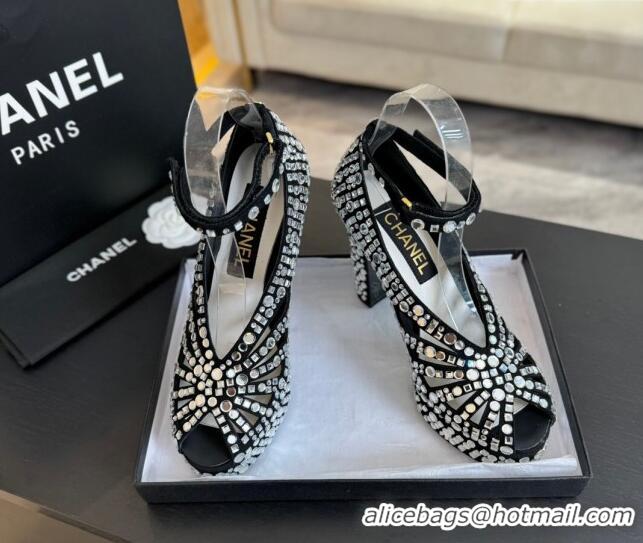 Top Grade Chanel Strass & Suede Sandals with Heel 11cm G45455 Black 042201