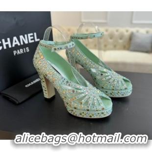 Good Quality Chanel Strass & Suede Sandals with Heel 11cm G45455 Green 042202