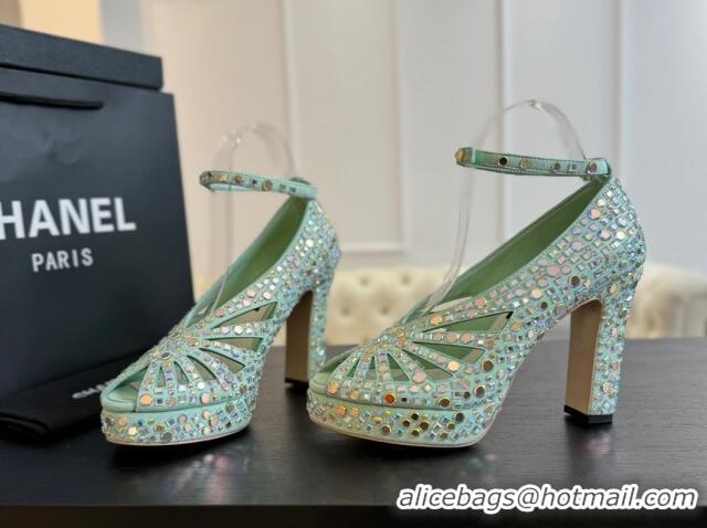 Good Quality Chanel Strass & Suede Sandals with Heel 11cm G45455 Green 042202