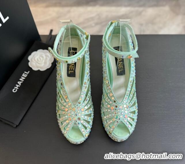 Good Quality Chanel Strass & Suede Sandals with Heel 11cm G45455 Green 042202