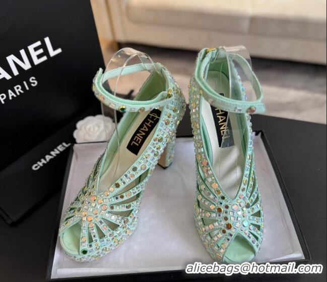 Good Quality Chanel Strass & Suede Sandals with Heel 11cm G45455 Green 042202