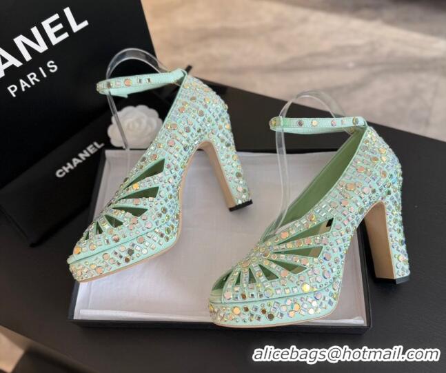 Good Quality Chanel Strass & Suede Sandals with Heel 11cm G45455 Green 042202